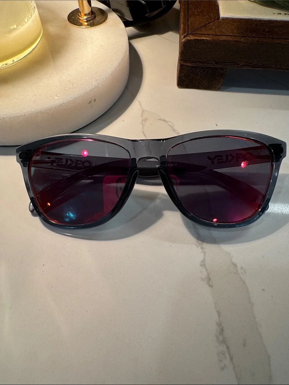 Oakley Oakley Frogskins Gray Frame Sunglasses with pinkish orange-red Lenses